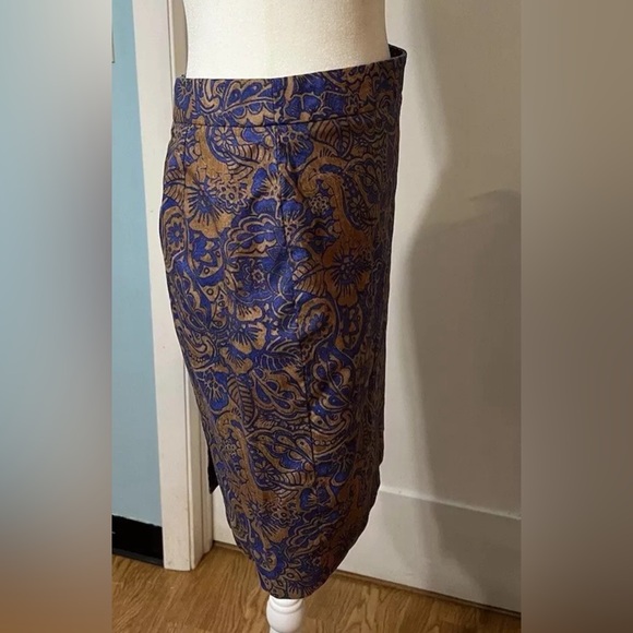 Vtg Pencil Skirt Loft Sz 4P Paisley Floral Blue Brown Preppy Buisness Fall - Picture 8 of 14